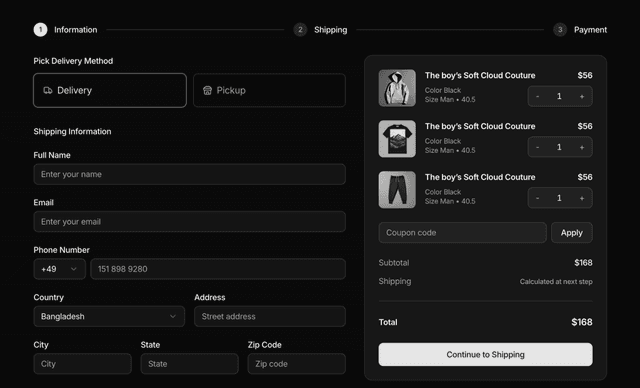 shadcn ui shadcn checkout page sections block dark