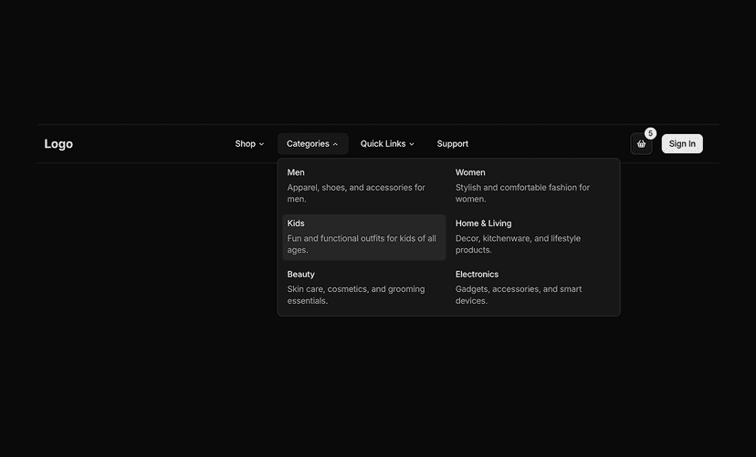 shadcn navbars sections dark