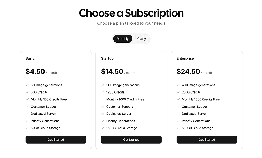 Pricing table blocks