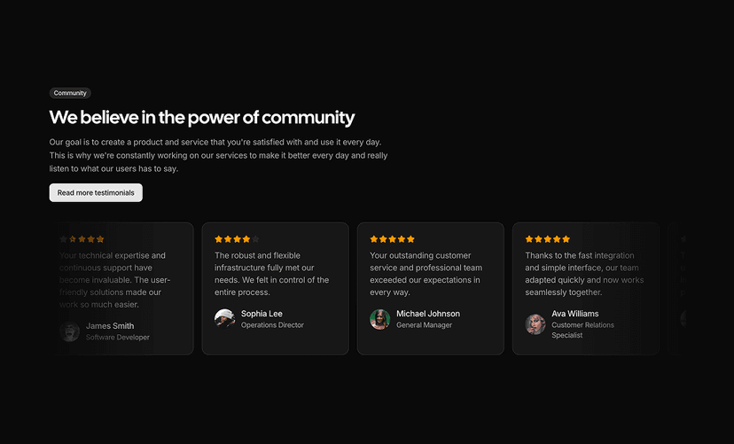 shadcn testimonials sections dark