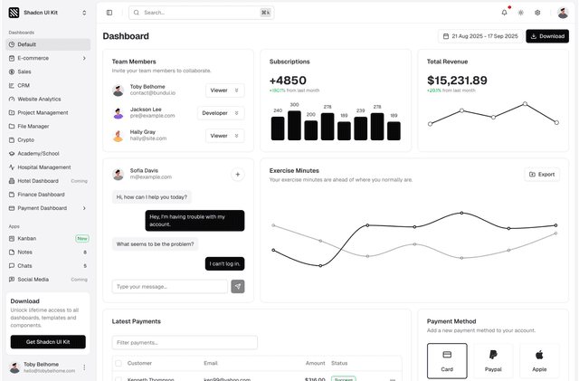 shadcn ui classic admin dashboard template dark
