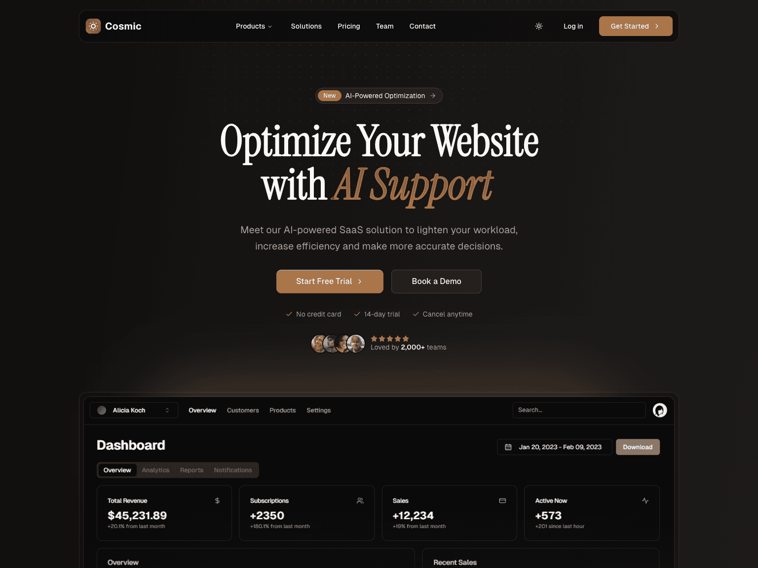 Cosmic landing page template
