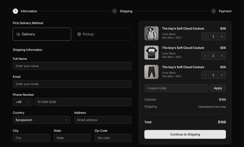 shadcn uishadcn checkout page sections block dark