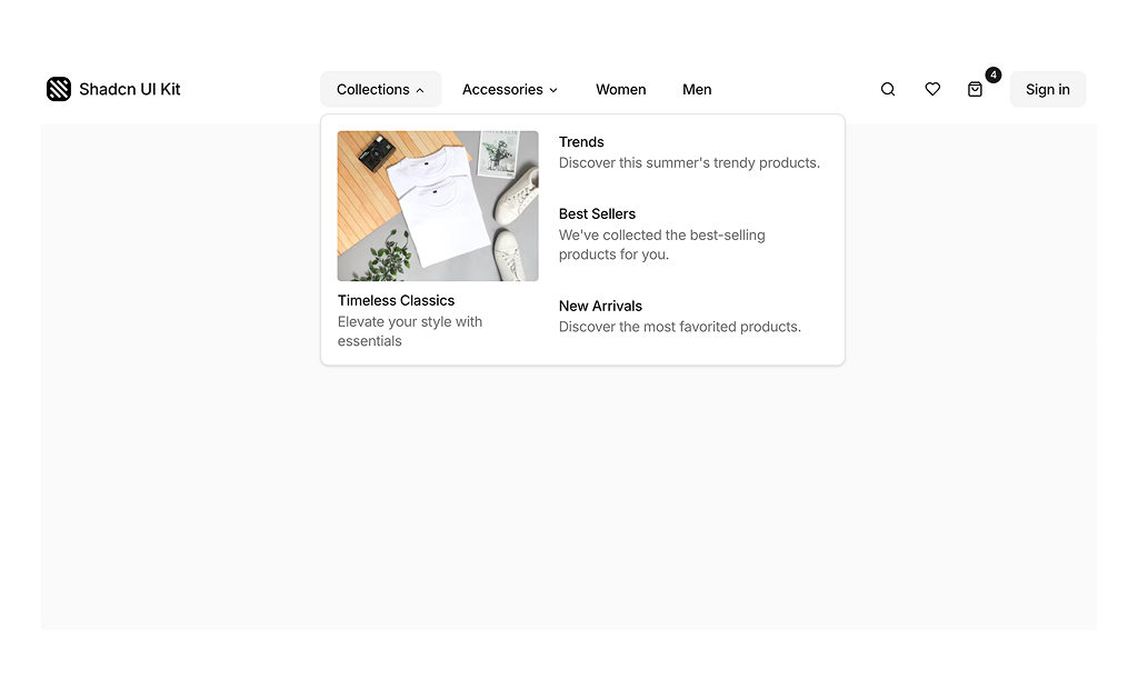shadcn uishadcn store navigation sections block