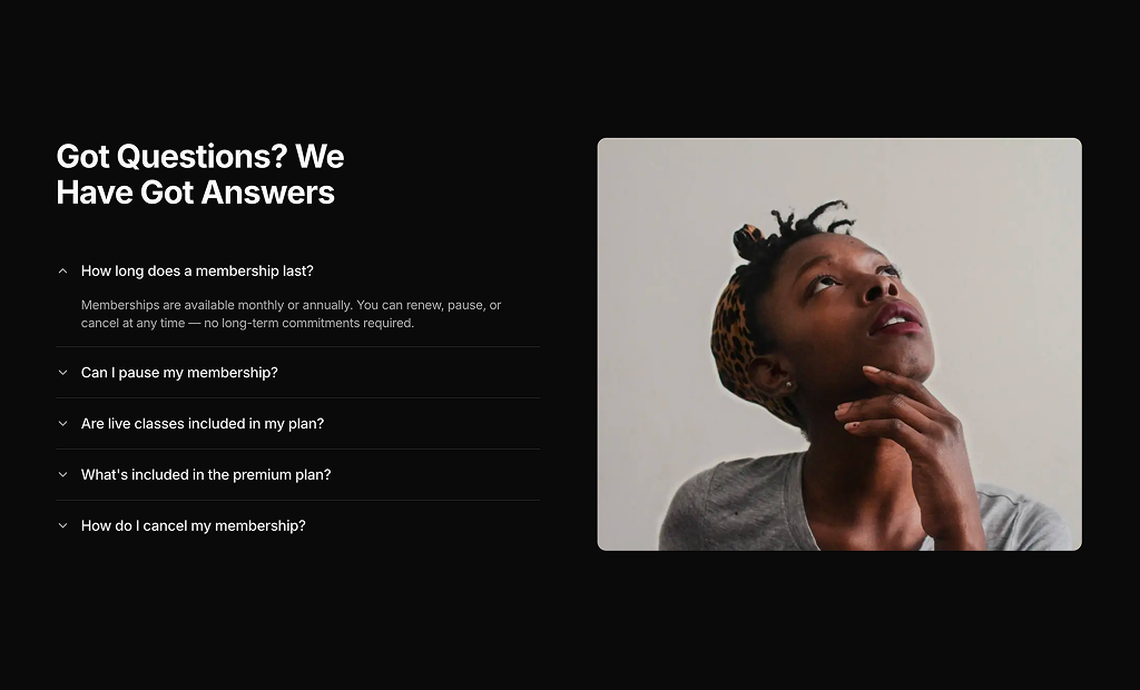 shadcn uishadcn faq sections block dark