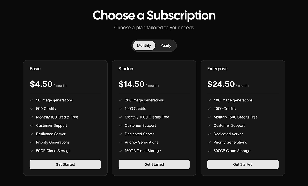 shadcn uishadcn pricing tables sections block dark