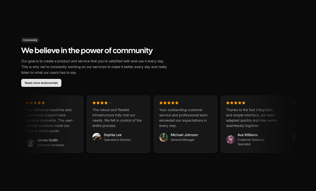 shadcn uishadcn testimonials sections block dark